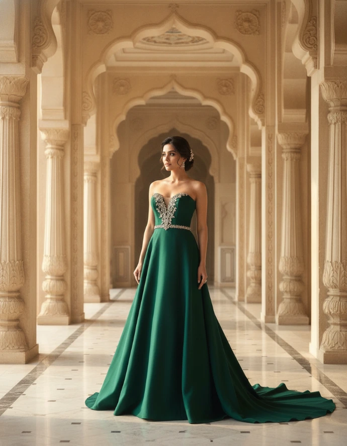 AI Generated Emerald Green Bridal Gown in Heritage Palace